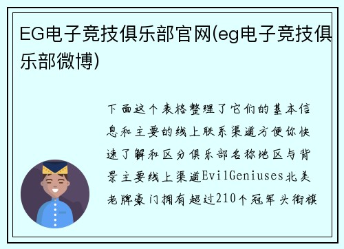 EG电子竞技俱乐部官网(eg电子竞技俱乐部微博)